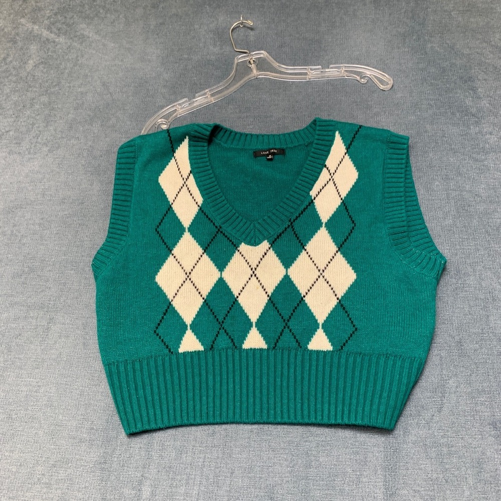Love Tree Sweater Vest Womens M Green White Knit Argyle Diamond V-Neck Pullover